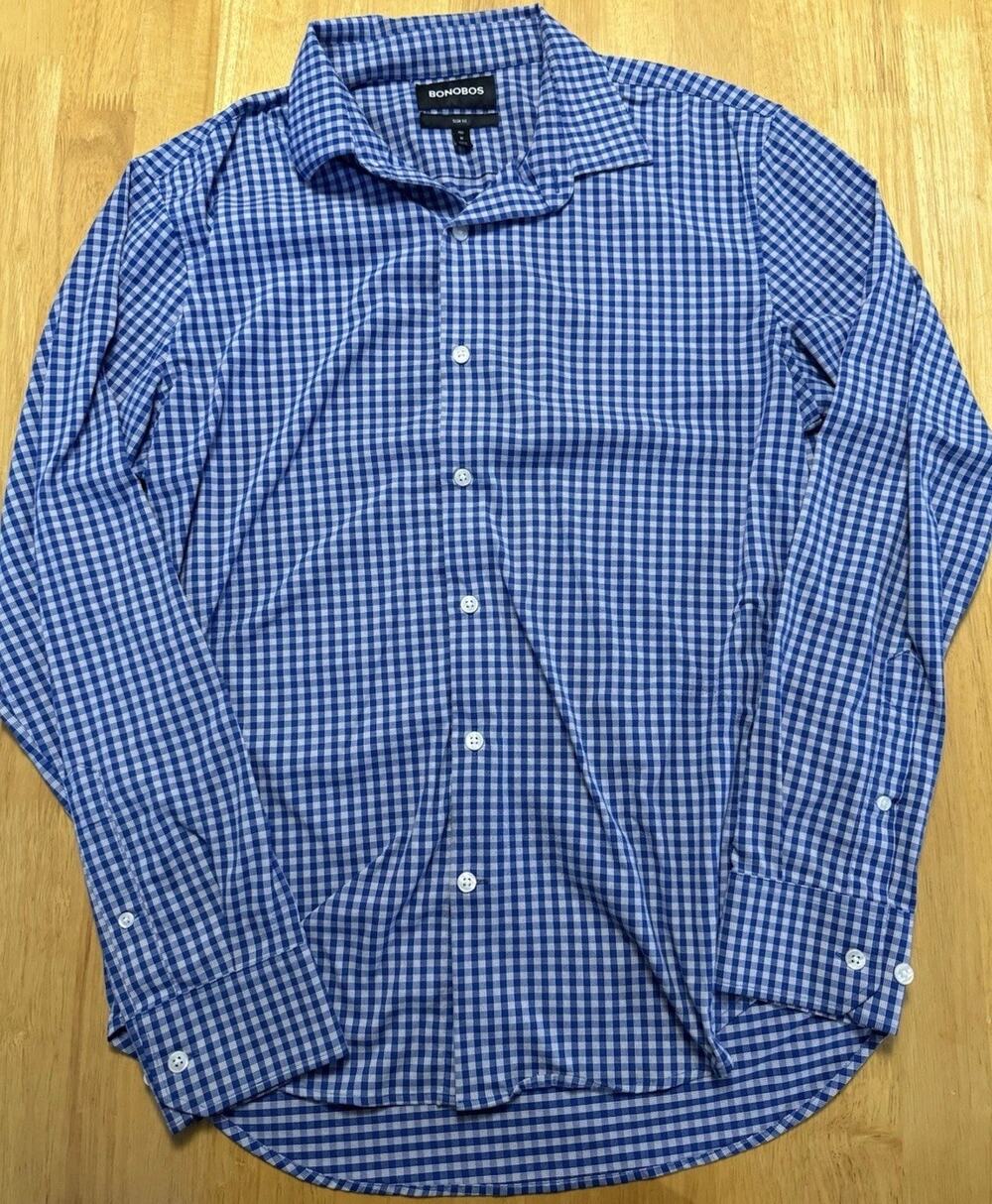 Bonobos Mens M Slim Fit Blue White Gingham Check Long Sleeve Button Shirt